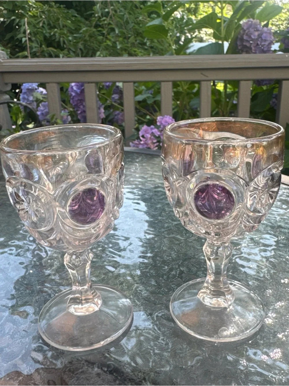Vintage Clear Hobnail Goblets with Purple Jewel Centers 4.5x2.5 inches